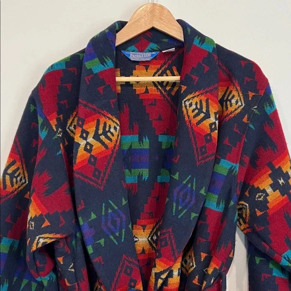 Pendleton Long Wool Jacket Shawl Collar Robe in Chief Joseph Aztec Design - Picture 1 of 16